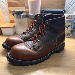 Vintage Woolrich Chocolate Brown Leather Mens’ Boots with Red Laces